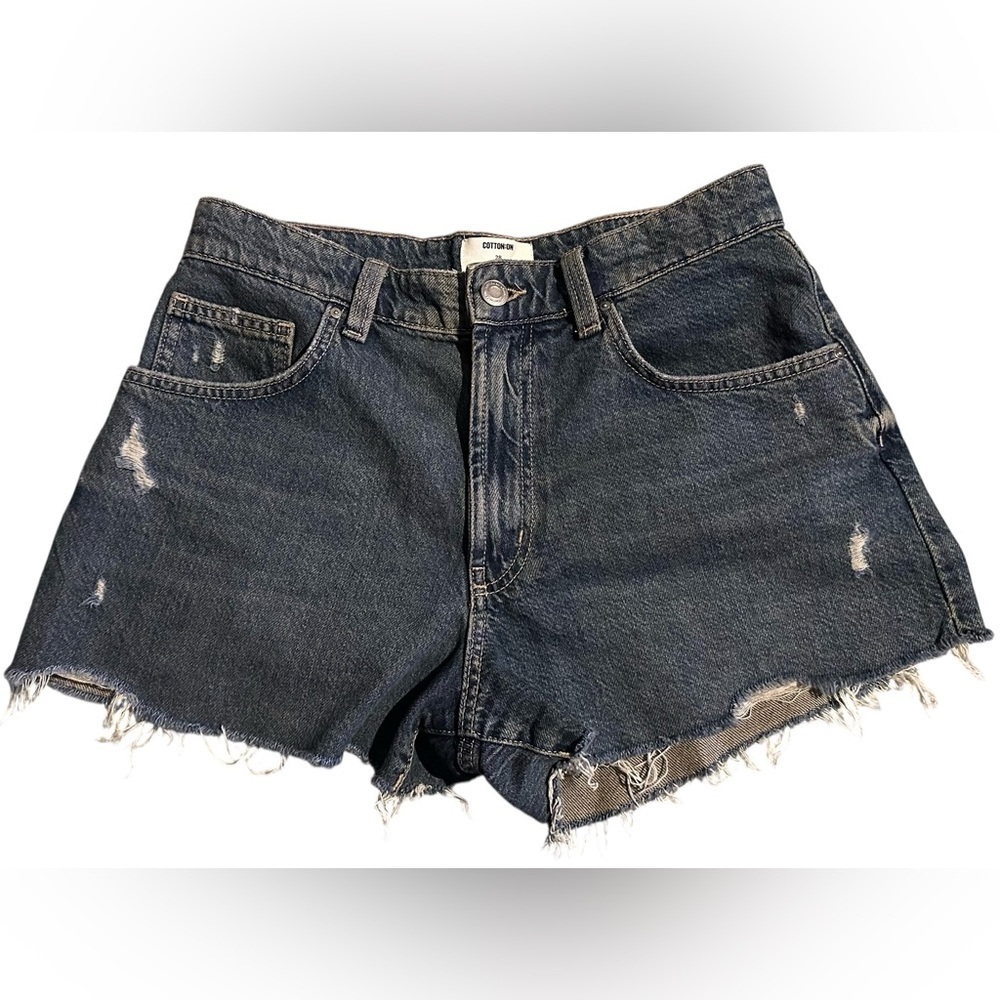 Cotton On Dark Blue Distressed Jean Shorts. Size 28.